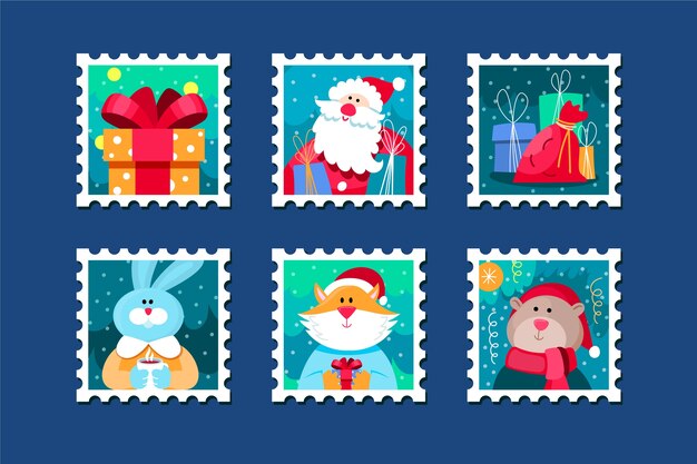 Colección de sellos navideños en diseño plano