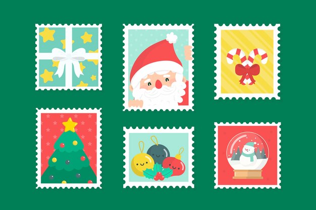 Colección de sellos navideños de diseño plano