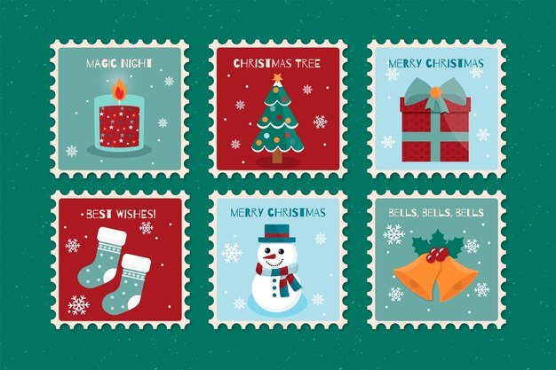Colección de sellos navideños en diseño plano