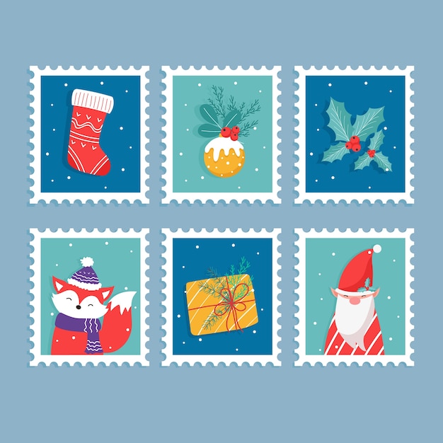 Colección de sellos navideños en diseño plano