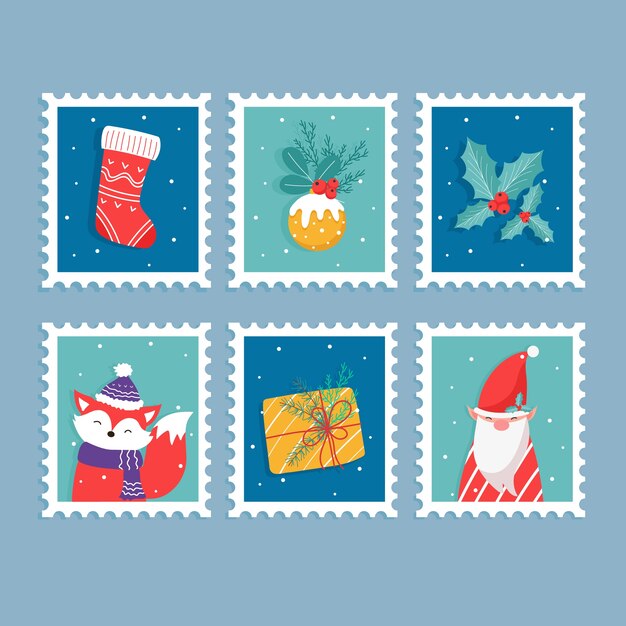 Colección de sellos navideños en diseño plano