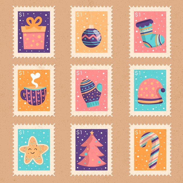Colección de sellos navideños de diseño plano