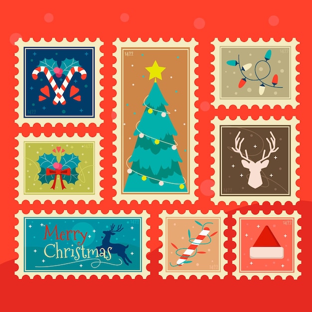 Colección de sellos navideños en diseño plano