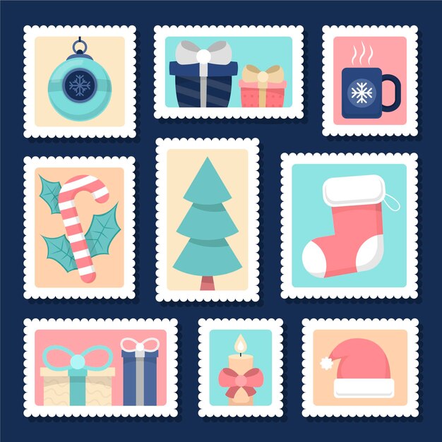 Colección de sellos navideños en diseño plano