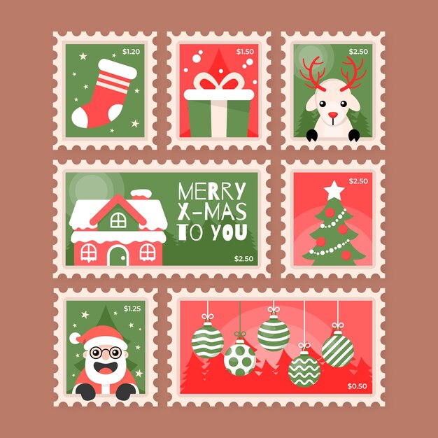 Colección de sellos navideños en diseño plano