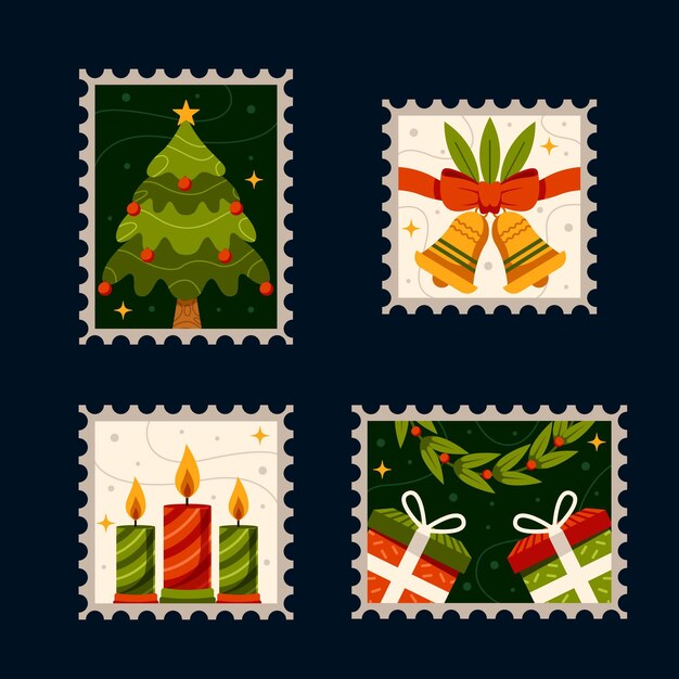 Colección de sellos navideños en diseño plano