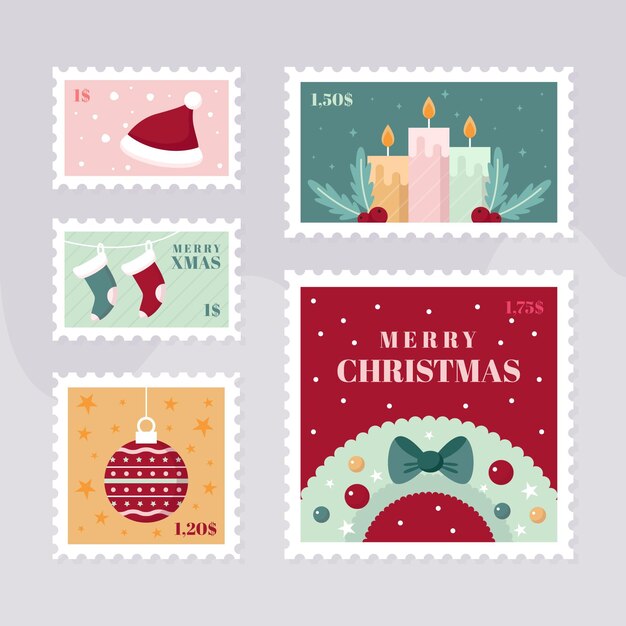 Colección de sellos navideños en diseño plano