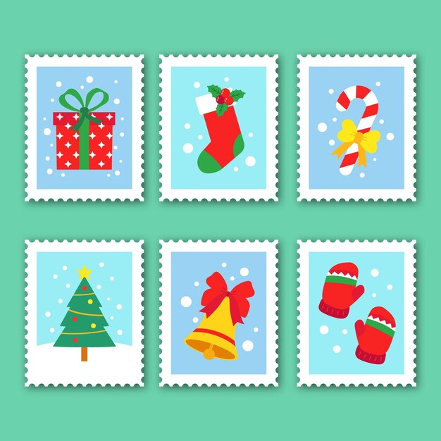 Colección de sellos navideños en diseño plano