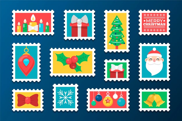 Colección de sellos navideños en diseño plano
