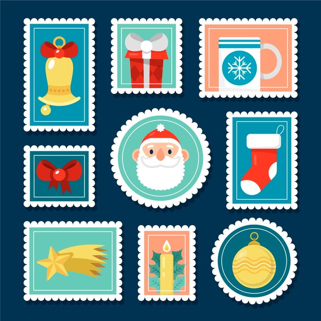 Colección de sellos navideños en diseño plano