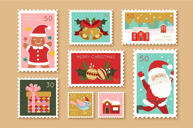 Colección de sellos navideños en diseño plano