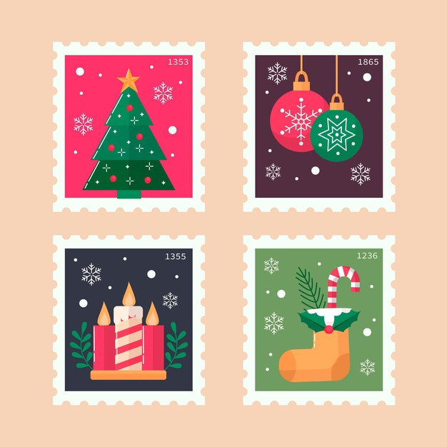 Colección de sellos navideños en diseño plano