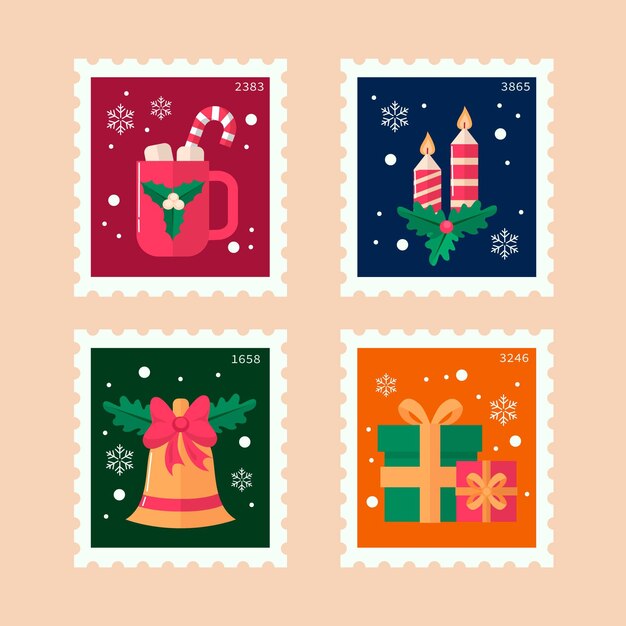 Colección de sellos navideños en diseño plano