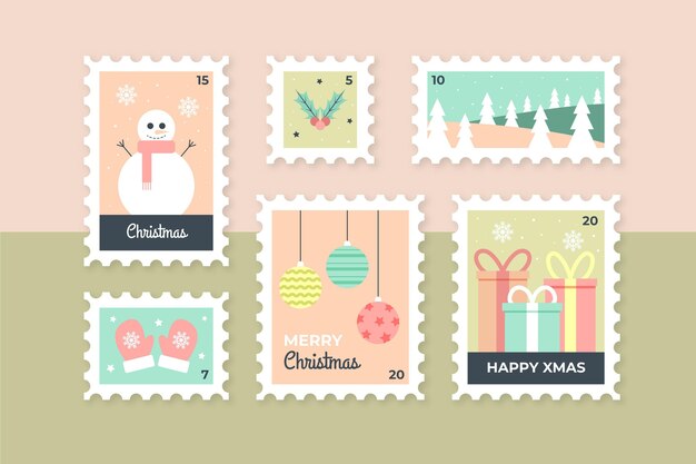 Colección de sellos navideños en diseño plano