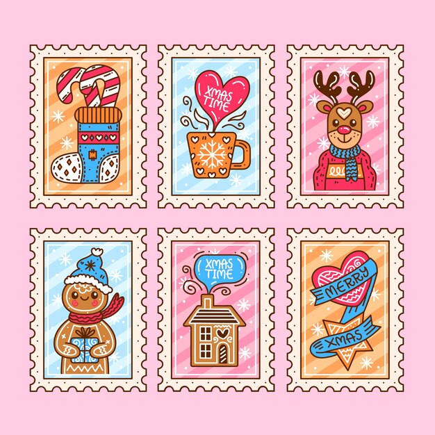 Colección de sellos navideños en diseño plano