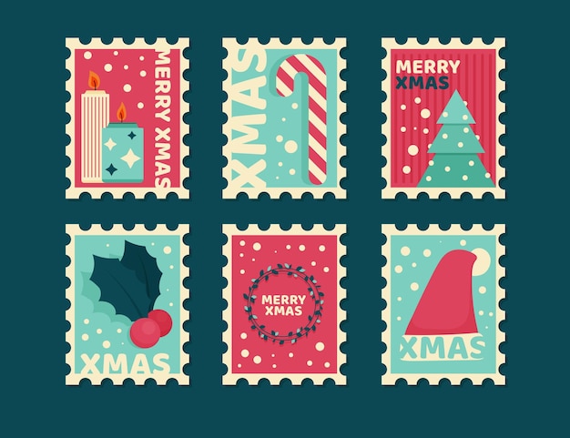 Colección de sellos navideños en diseño plano