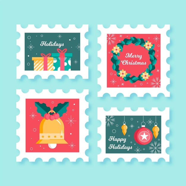 Colección de sellos navideños en diseño plano
