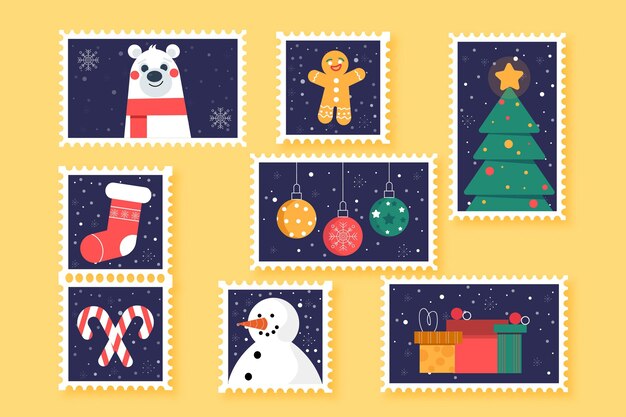 Colección de sellos navideños de diseño plano