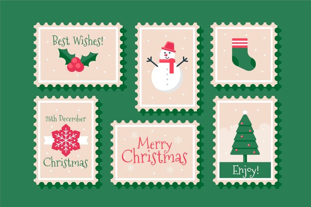 Colección de sellos navideños en diseño plano