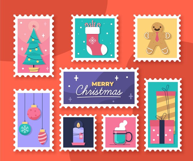 Colección de sellos navideños en diseño plano