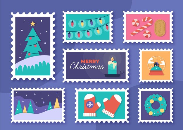 Colección de sellos navideños en diseño plano