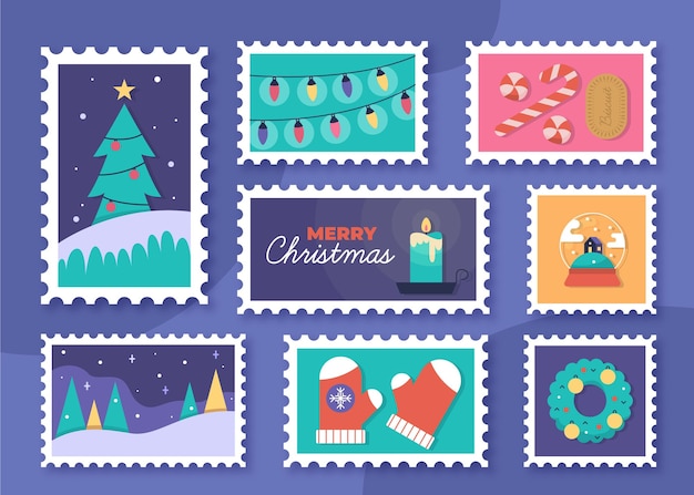 Colección de sellos navideños en diseño plano