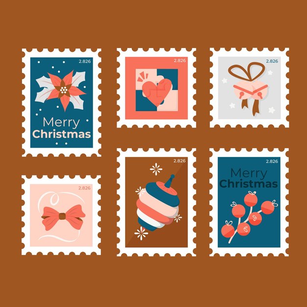 Colección de sellos navideños en diseño plano