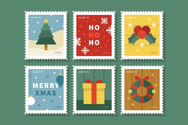 Colección de sellos navideños en diseño plano