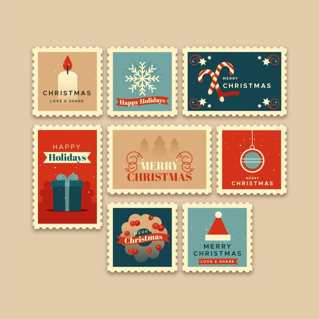 Colección de sellos navideños en diseño plano