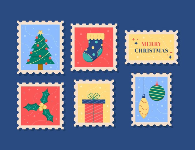 Colección de sellos navideños en diseño plano