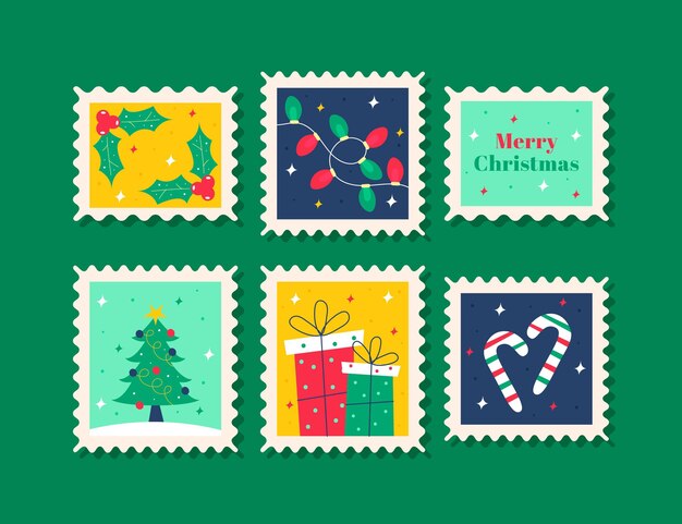 Colección de sellos navideños en diseño plano