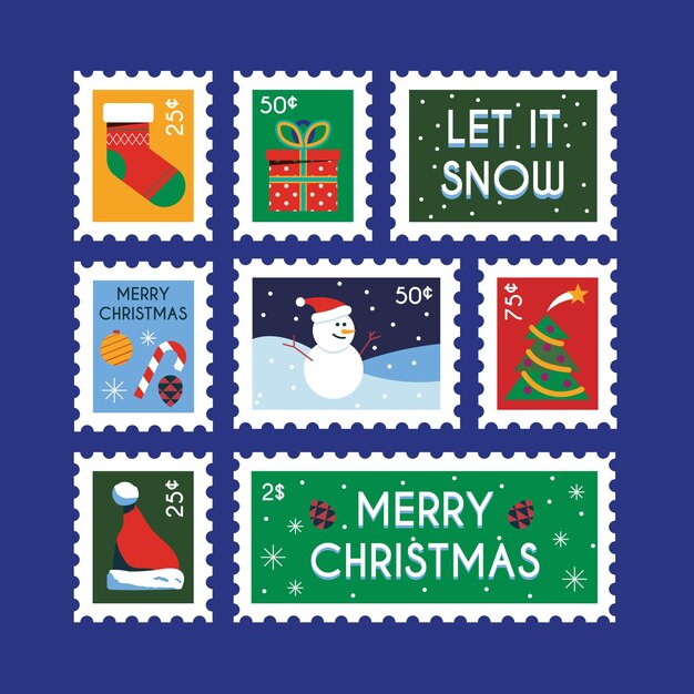 Colección de sellos navideños en diseño plano