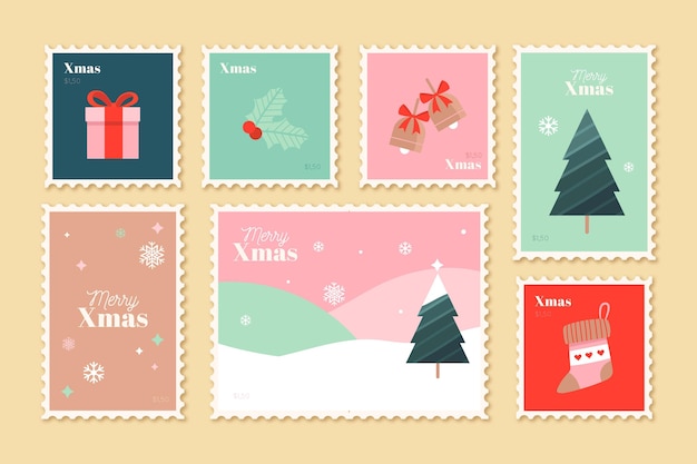 Colección de sellos navideños en diseño plano