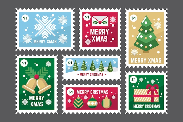 Colección de sellos navideños en diseño plano