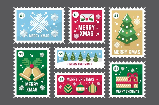 Colección de sellos navideños en diseño plano
