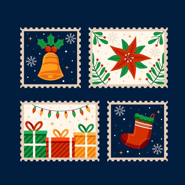 Colección de sellos navideños en diseño plano