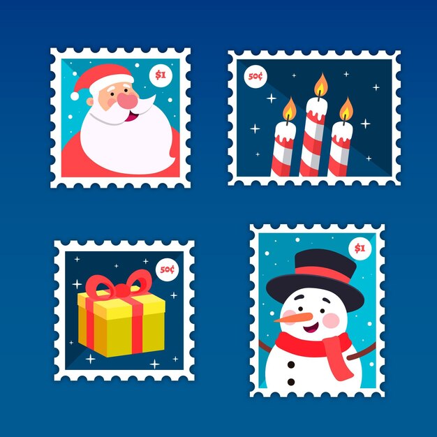 Colección de sellos navideños en diseño plano