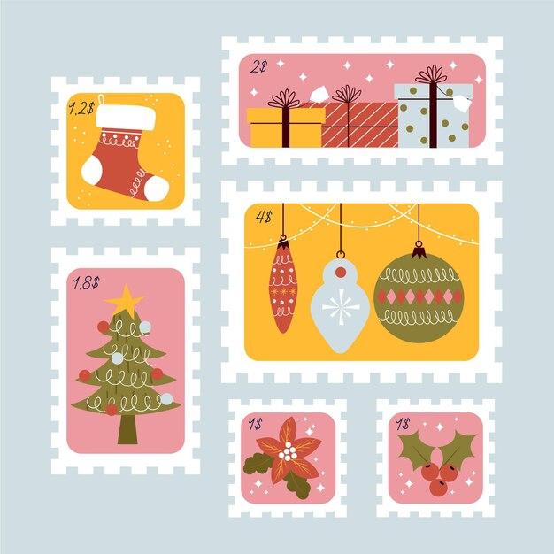 Colección de sellos navideños en diseño plano