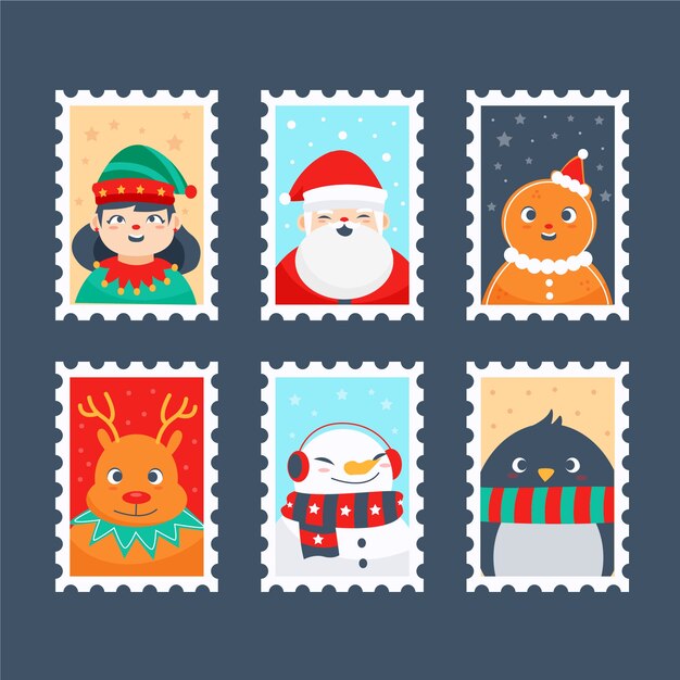 Colección de sellos navideños estilo dibujado a mano