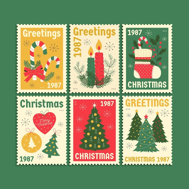 Colección de sellos navideños retro Vector Premium 