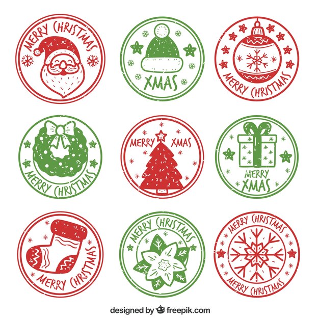 Colección de sellos rojos y verdes de navidad