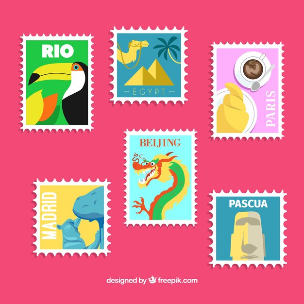 Colección de sellos de viaje creativos