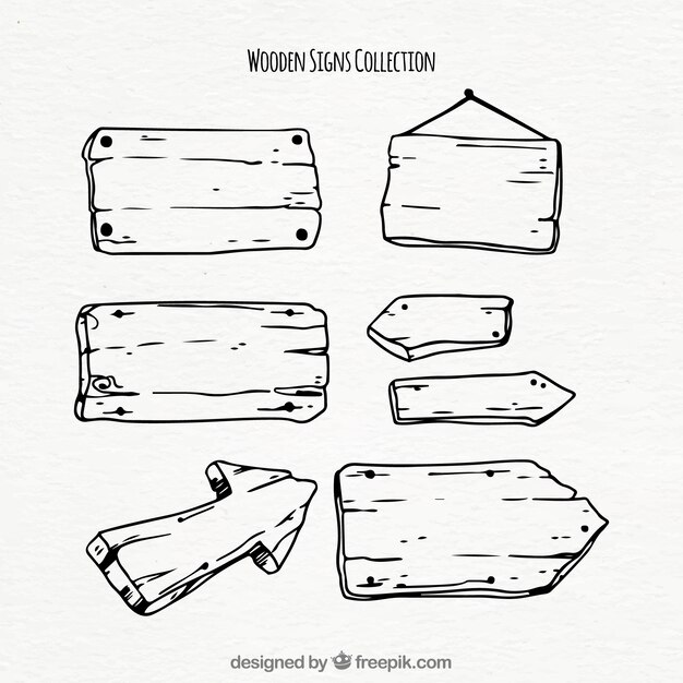Colección de señales de madera dibujadas a mano 