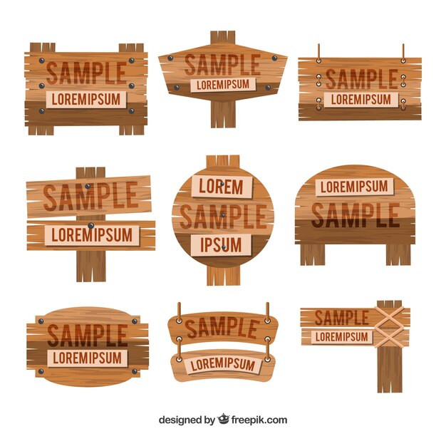 Colección de señales de madera en diseño plano 