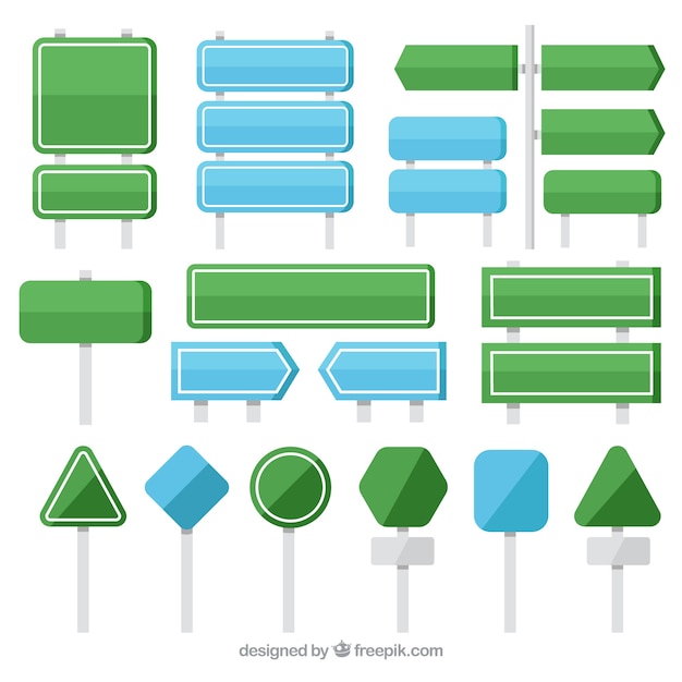 Vector gratuito colección de señales verdes y azules en diseño plano