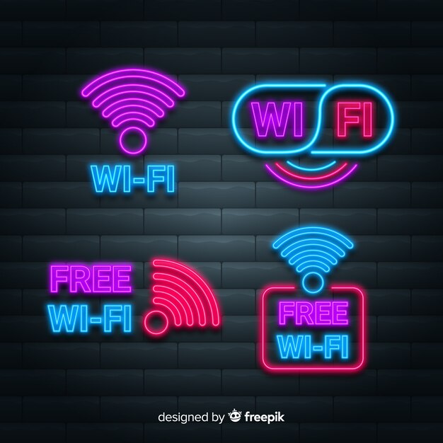 Colección de señales de wifi en luz neon