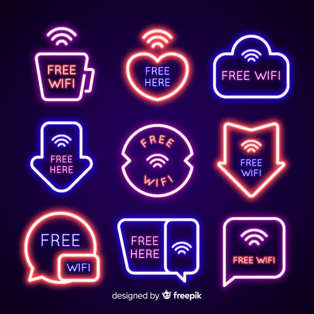 Colección de señales de wifi en luz neon