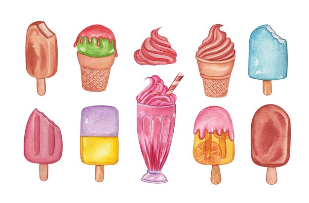 Colección set de helados de acuarela dibujados a mano