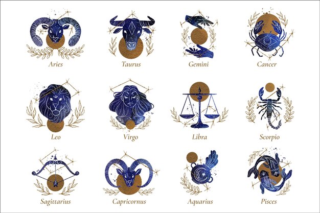Colección de signos del zodíaco en acuarela pintados a mano