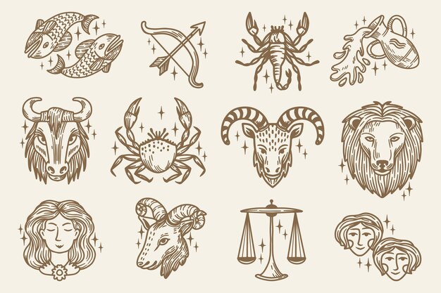 Colección de signos del zodíaco dibujados a mano de grabado